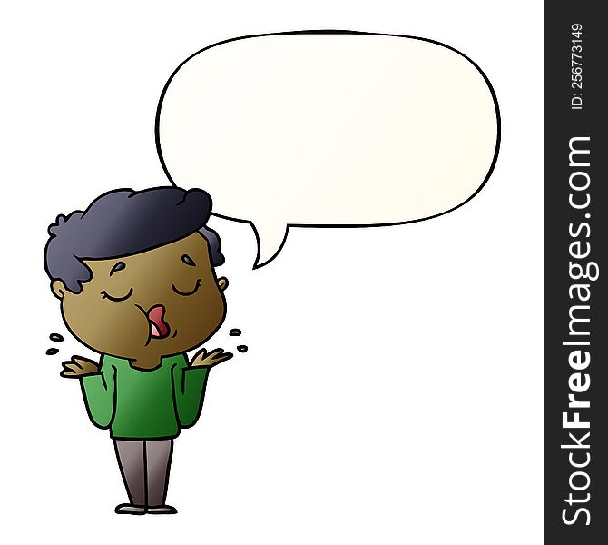cartoon man talking and shrugging shoulders with speech bubble in smooth gradient style
