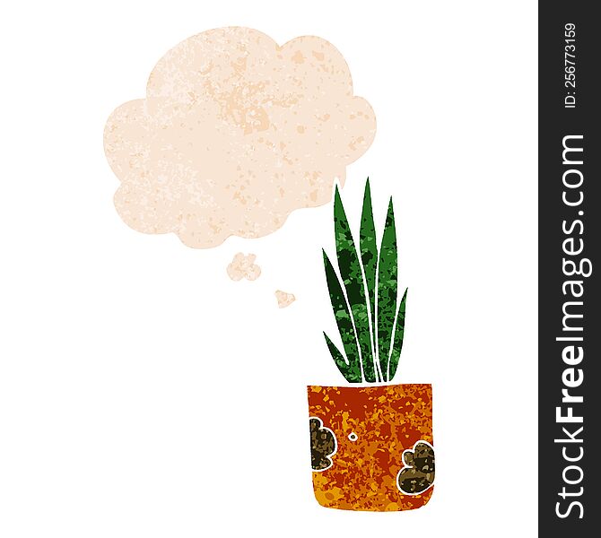 Cartoon House Plant And Thought Bubble In Retro Textured Style