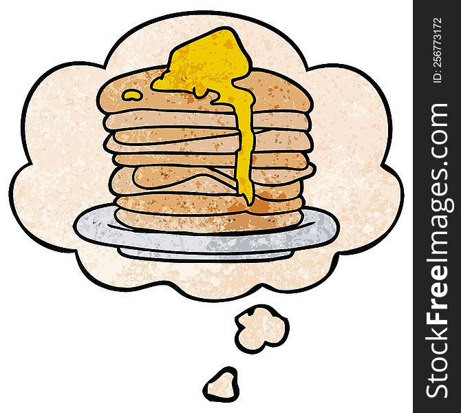 Cartoon Stack Of Pancakes And Thought Bubble In Grunge Texture Pattern Style