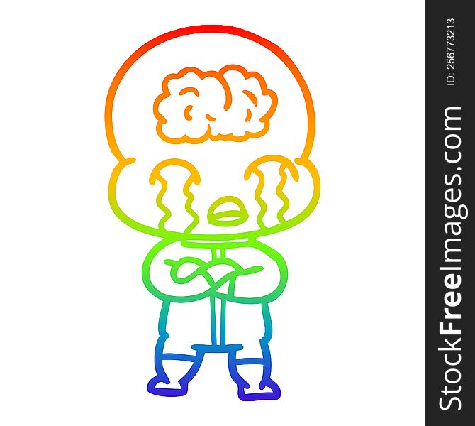 Rainbow Gradient Line Drawing Cartoon Big Brain Alien Crying