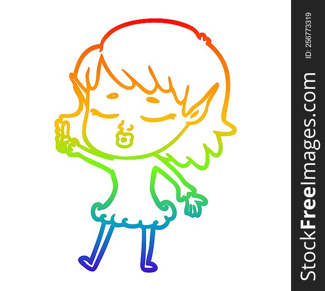 Rainbow Gradient Line Drawing Pretty Cartoon Elf Girl With Question
