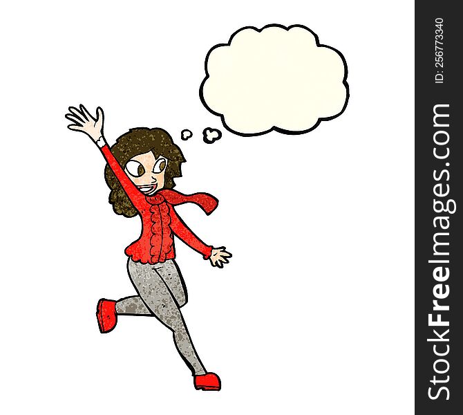 cartoon woman waving dressed for winter with thought bubble