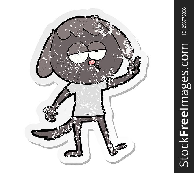 Distressed Sticker Of A Cartoon Tired Dog Giving Peace Sign