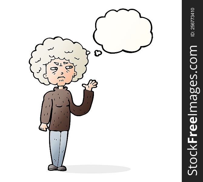 cartoon annoyed old woman waving with thought bubble