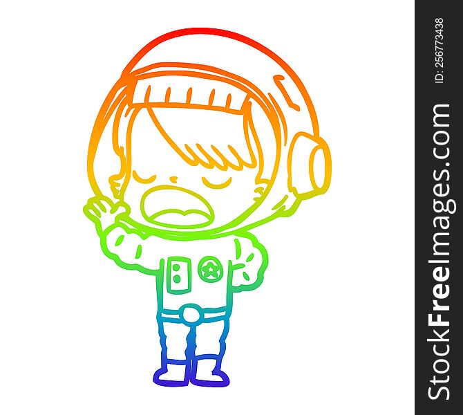 rainbow gradient line drawing of a cartoon astronaut woman explaining