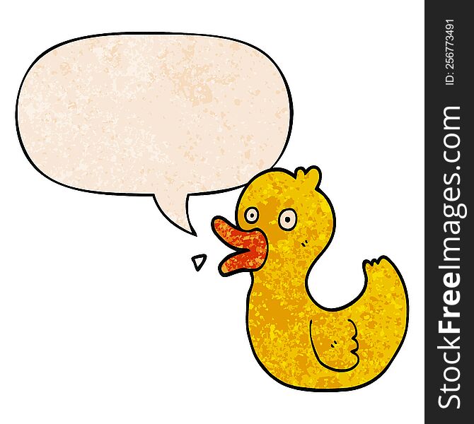 cartoon quacking duck with speech bubble in retro texture style