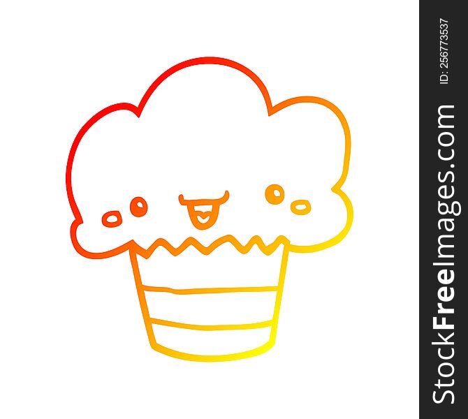 Warm Gradient Line Drawing Cartoon Cupcake With Face