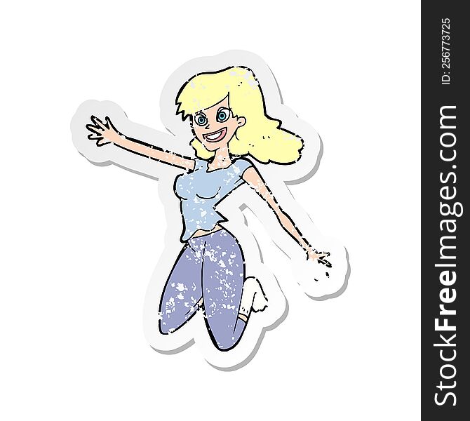 retro distressed sticker of a cartoon jumping woman