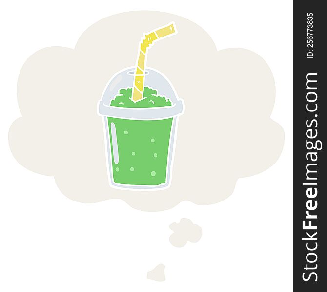 cartoon iced smoothie with thought bubble in retro style