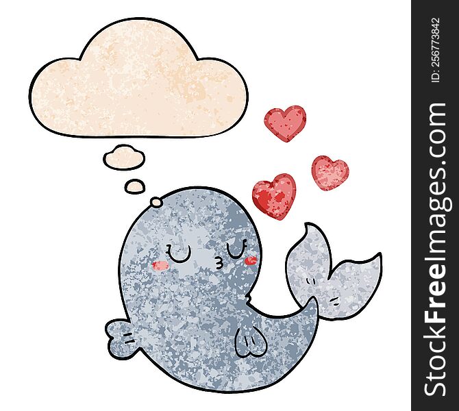 Cute Cartoon Whale In Love And Thought Bubble In Grunge Texture Pattern Style