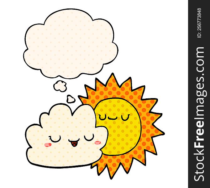 Cartoon Sun And Cloud And Thought Bubble In Comic Book Style