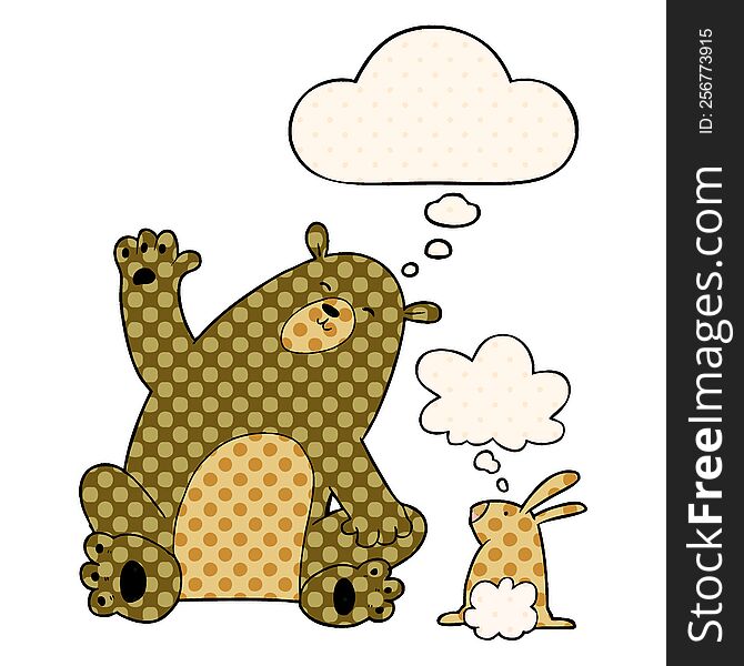 Cartoon Bear And Rabbit Friends And Thought Bubble In Comic Book Style