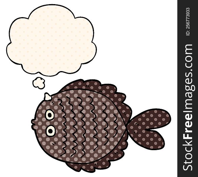 cartoon flat fish with thought bubble in comic book style
