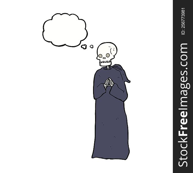 Cartoon Skeleton In Black Robe With Thought Bubble