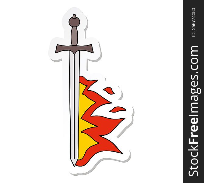 Sticker Of A Quirky Hand Drawn Cartoon Flaming Sword