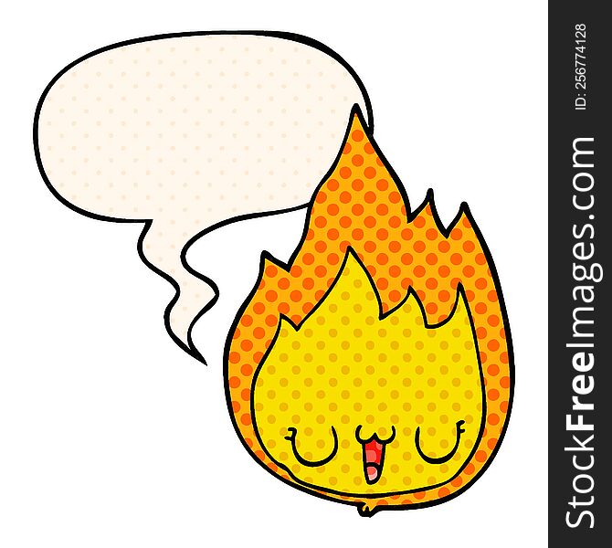 cartoon flame and face and speech bubble in comic book style