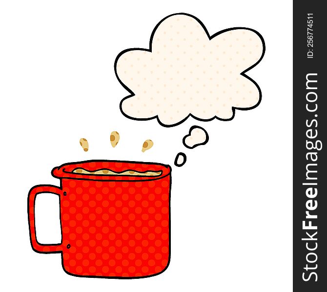 cartoon camping cup of coffee with thought bubble in comic book style