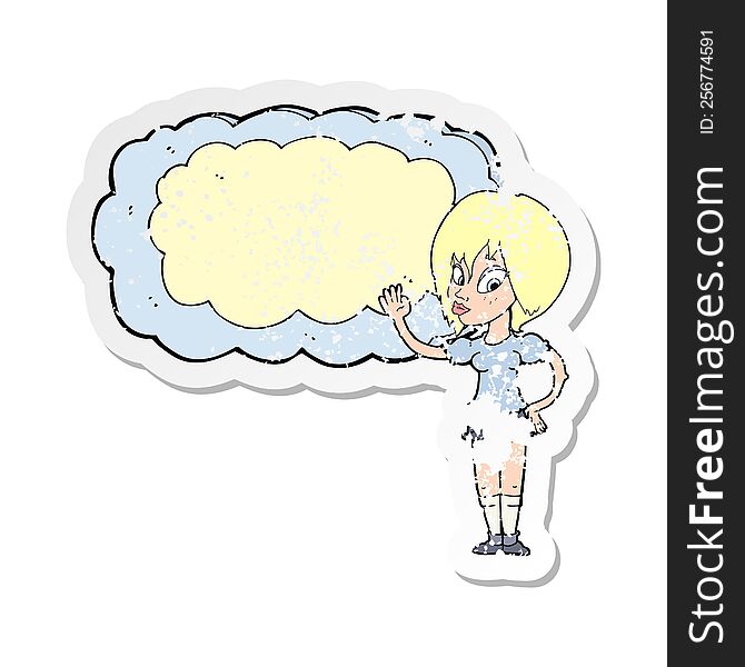 Retro Distressed Sticker Of A Cartoon Woman With Cloud Text Space