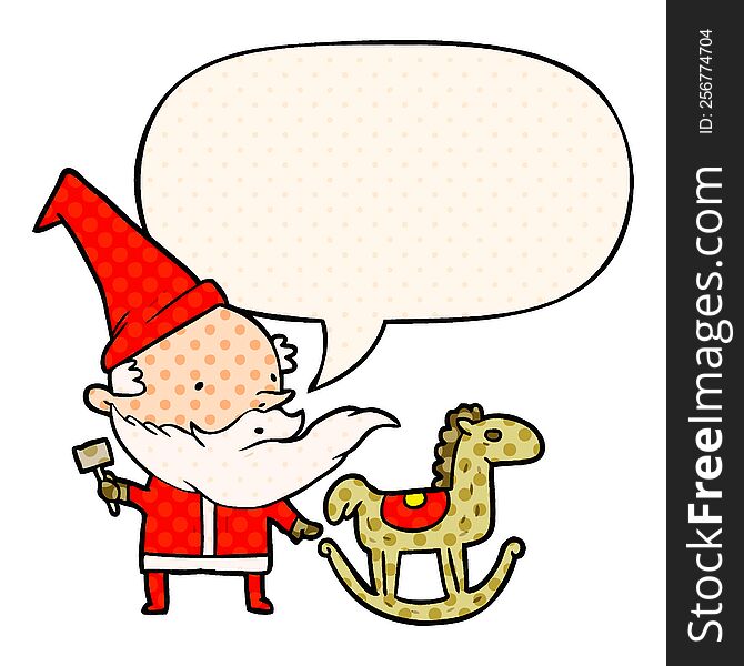 cartoon santa (or elf) making a rocking horse and speech bubble in comic book style