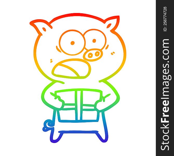 Rainbow Gradient Line Drawing Cartoon Pig With Christmas Present