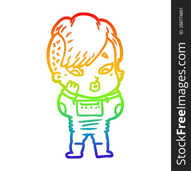 rainbow gradient line drawing of a cartoon surprised girl in science fiction clothes