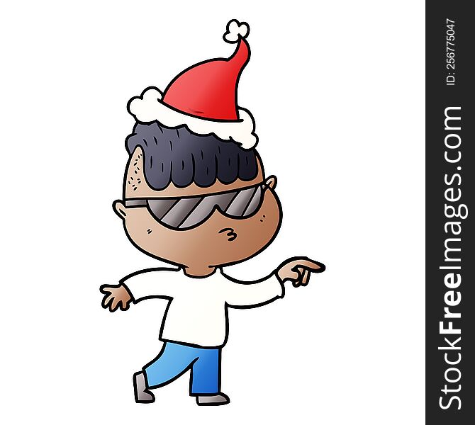 hand drawn gradient cartoon of a boy wearing sunglasses pointing wearing santa hat