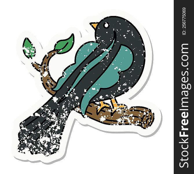 distressed sticker tattoo in traditional style of a bird on a branch. distressed sticker tattoo in traditional style of a bird on a branch