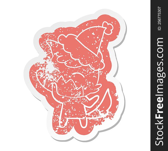 Cartoon Distressed Sticker Of A Fox Wearing Santa Hat