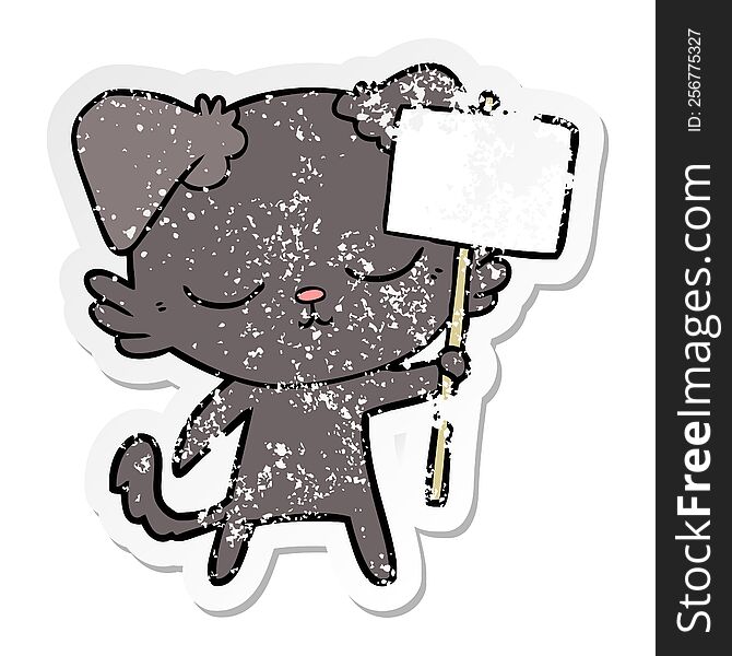 distressed sticker of a cute cartoon dog with placard