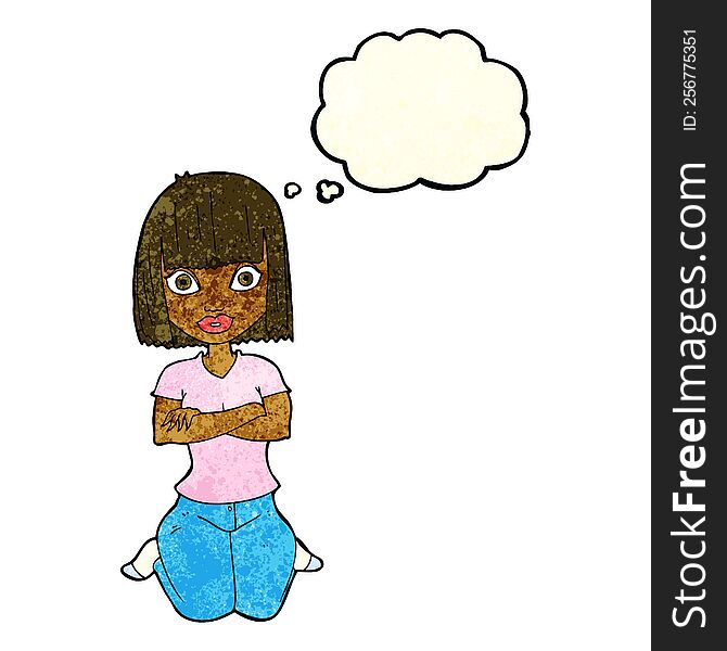 Cartoon Woman Kneeling With Thought Bubble