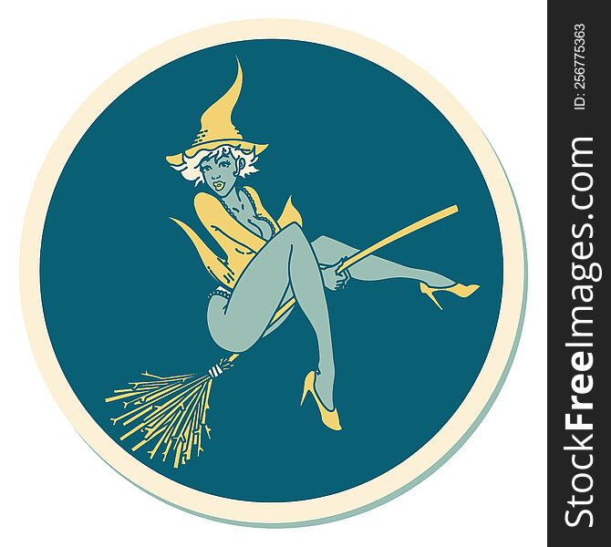 sticker of tattoo in traditional style of a pinup witch. sticker of tattoo in traditional style of a pinup witch