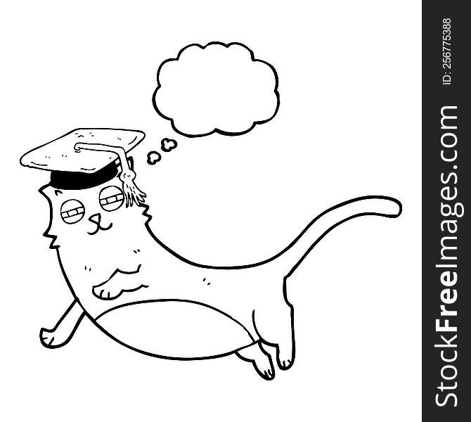 freehand drawn thought bubble cartoon cat with graduate cap