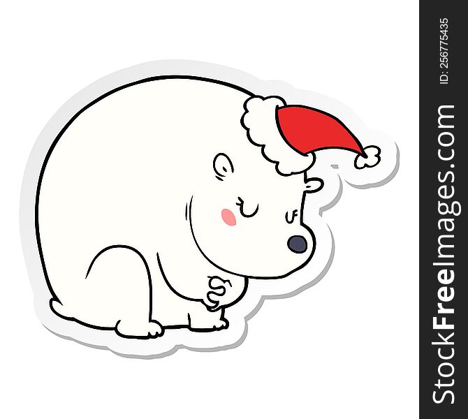 Cute Sticker Cartoon Of A Polar Bear Wearing Santa Hat