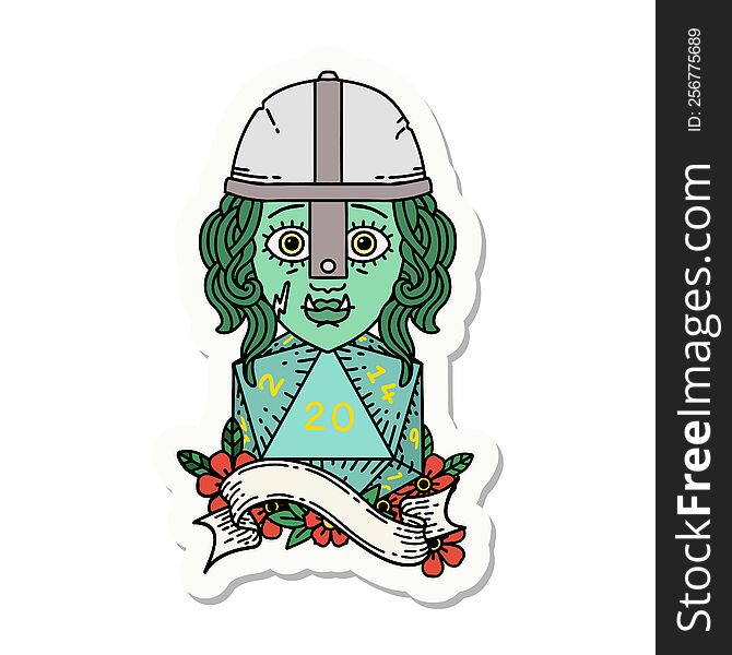 sticker of a half orc fighter with natural 20 dice roll. sticker of a half orc fighter with natural 20 dice roll