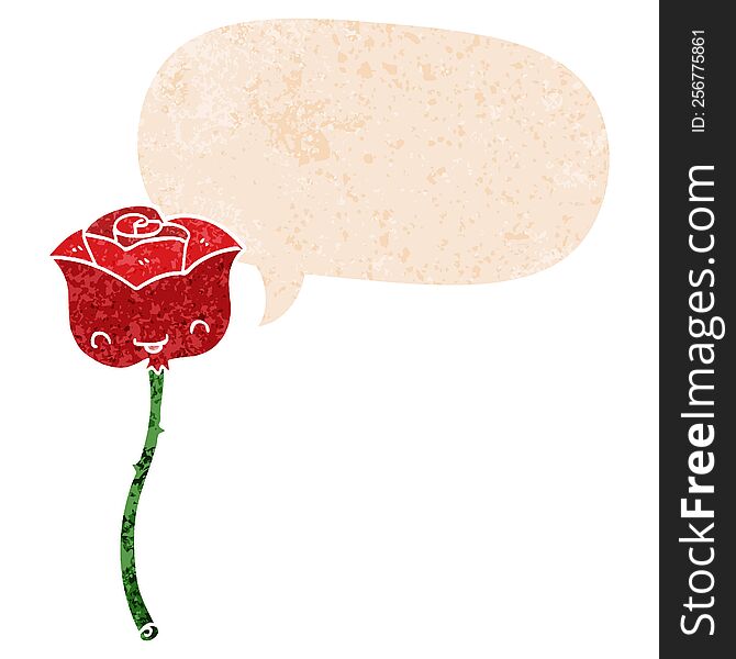 Cartoon Rose And Speech Bubble In Retro Textured Style