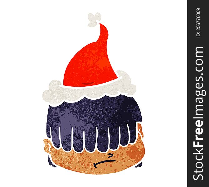 Retro Cartoon Of A Face With Hair Over Eyes Wearing Santa Hat