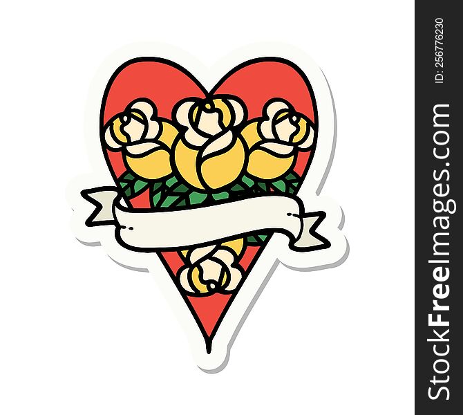 sticker of tattoo in traditional style of a heart and banner with flowers. sticker of tattoo in traditional style of a heart and banner with flowers