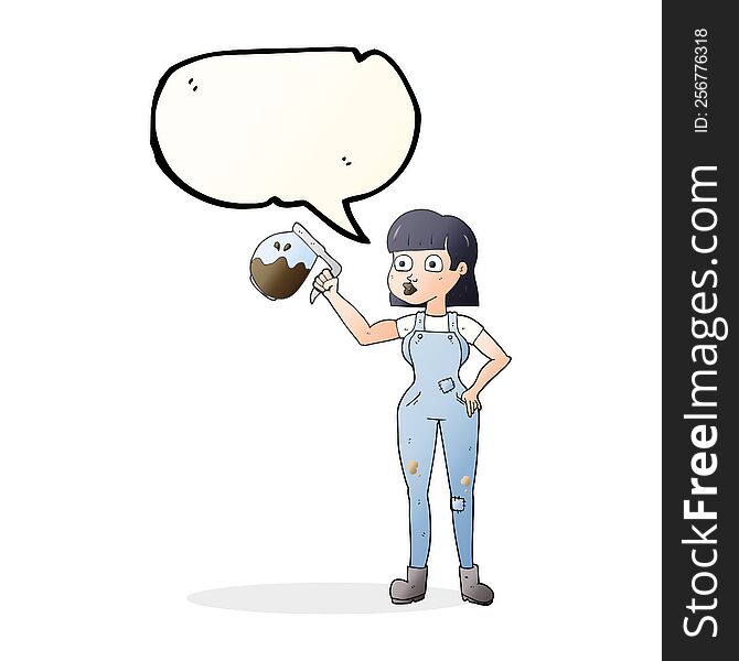 freehand drawn speech bubble cartoon woman in dungarees with coffee