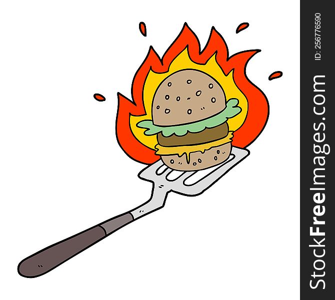 cartoon flaming burger on spatula. cartoon flaming burger on spatula