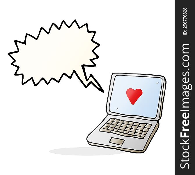 freehand drawn speech bubble cartoon laptop computer with heart symbol on screen