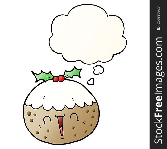 Cute Cartoon Christmas Pudding And Thought Bubble In Smooth Gradient Style