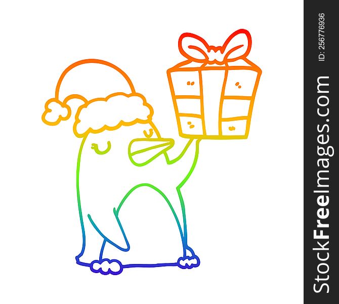 Rainbow Gradient Line Drawing Cartoon Penguin With Christmas Present