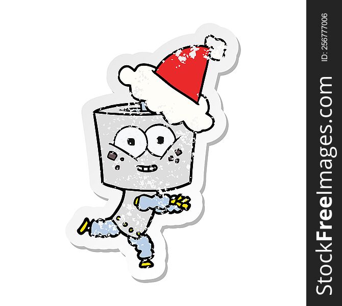 Happy Distressed Sticker Cartoon Of A Robot Wearing Santa Hat