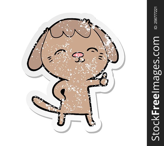 distressed sticker of a happy cartoon dog giving thumbs up sign