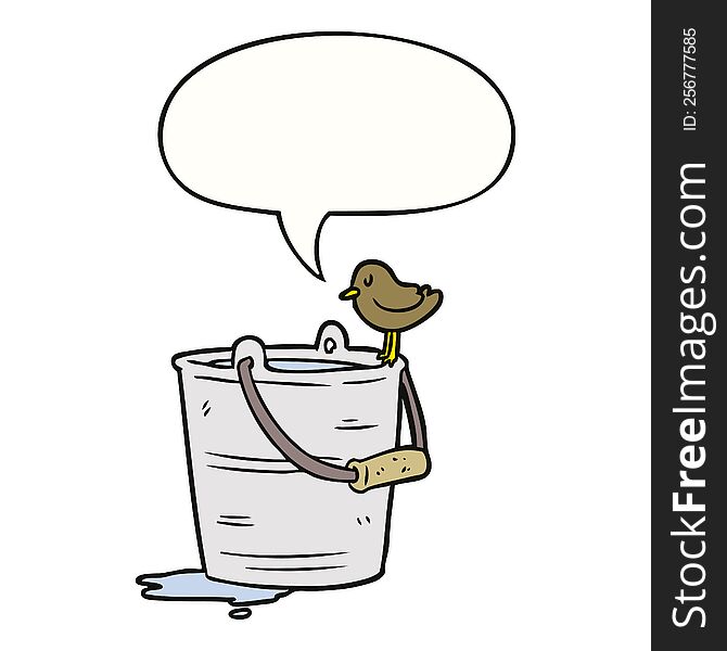 cartoon bird looking into bucket of water with speech bubble