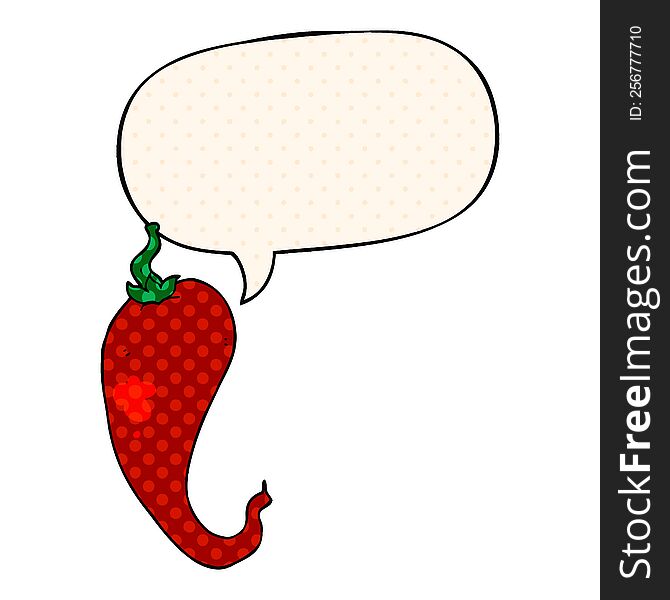 cartoon chili pepper with speech bubble in comic book style