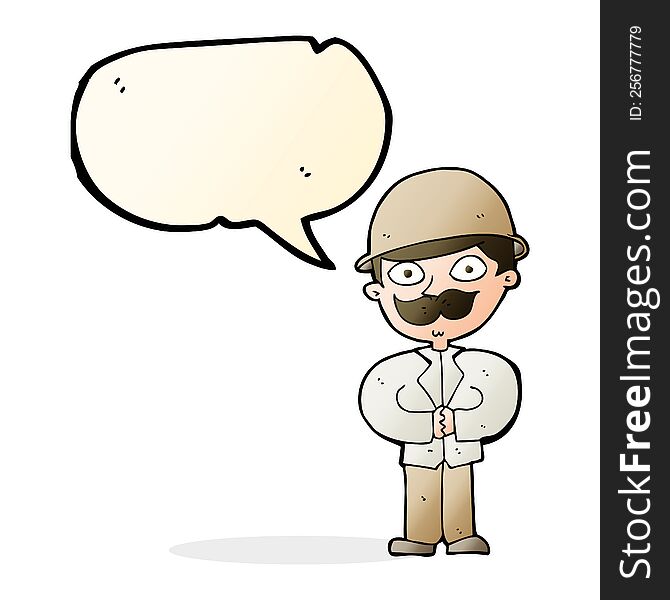 cartoon man in safari hat with speech bubble