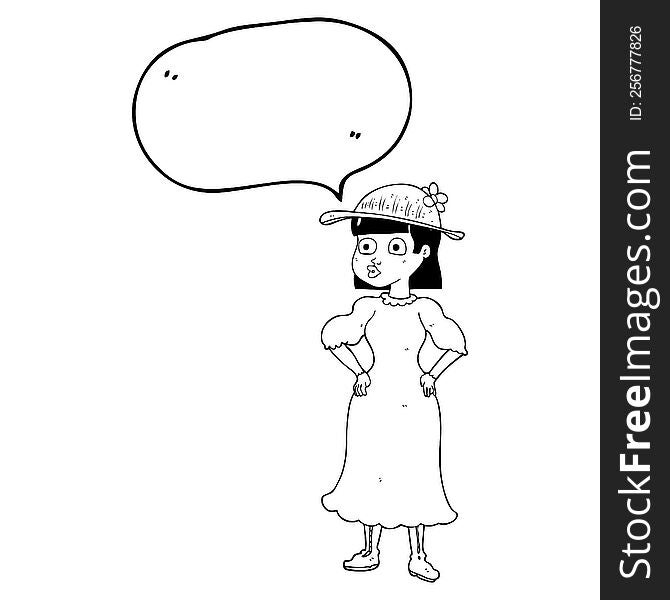 freehand drawn speech bubble cartoon woman in sensible dress. freehand drawn speech bubble cartoon woman in sensible dress