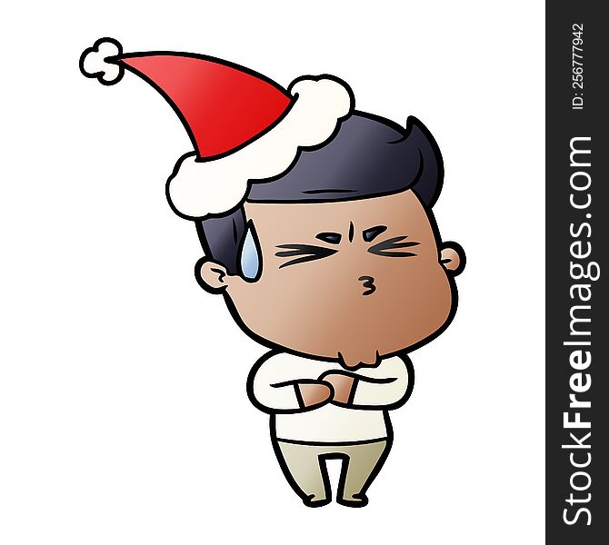 hand drawn gradient cartoon of a frustrated man wearing santa hat