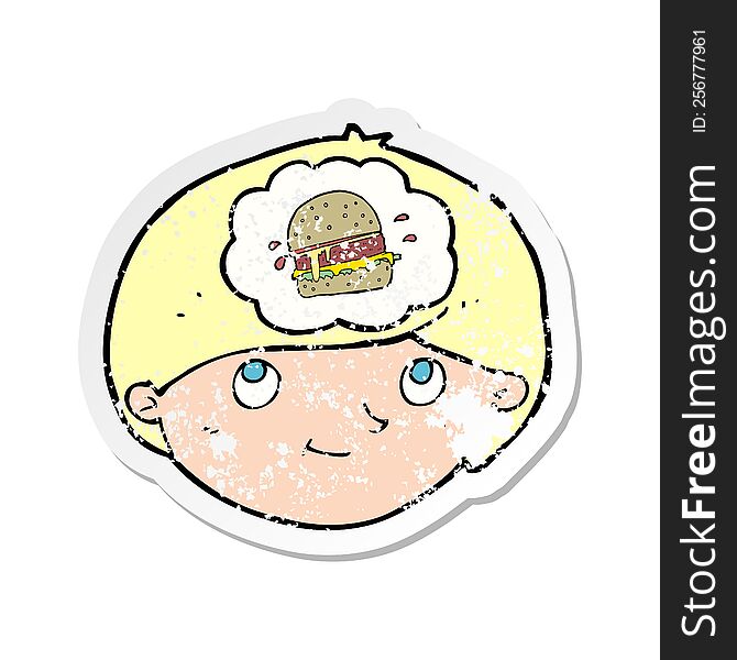 Retro Distressed Sticker Of A Cartoon Man Thinking About Junk Food